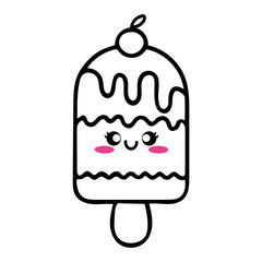 Illustration of a cute popsicle with a cherry on top and a kawaii face with pink cheeks outlined in black