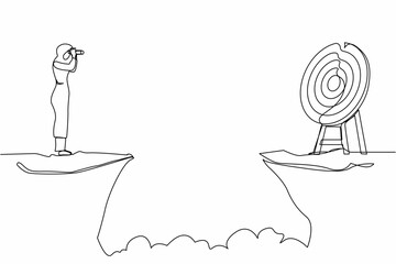 Continuous one line drawing Arab businesswoman standing on cliff with binoculars in hand. Business target goals concept. Woman focus to successful. Single line draw design vector graphic illustration