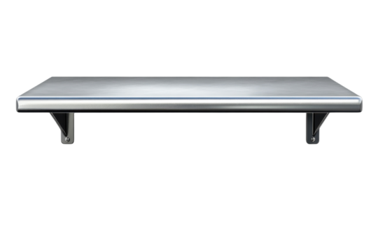Sleek metal shelf standing ready for display against an endless ebony on transparent background