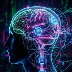 Brain-computer interface concept showing a human brain connected to glowing microchips and data streams, symbolizing Neuralink
