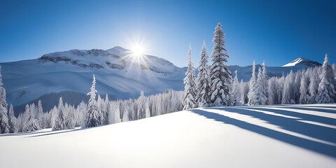 Fototapeta premium Sunny Winter Landscape Featuring Snow-Covered Mountains and Frosted Pines