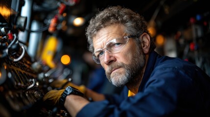 A man in a blue uniform is working on a machine