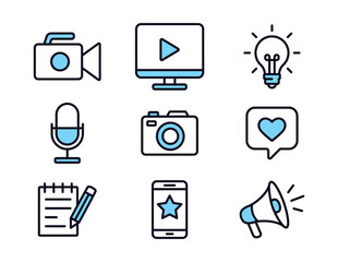 Vector icon set representing tools of content creators including video camera, microphone, smartphone, light bulb, notebook, and megaphone. Ideal for media, marketing, and digital production themes.