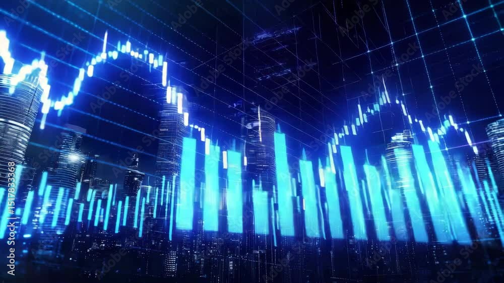 Poster A futuristic city skyline is overlaid with digital financial graphs and data visualizations in blue tones.
