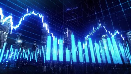 A futuristic city skyline is overlaid with digital financial graphs and data visualizations in blue tones. - Powered by Adobe