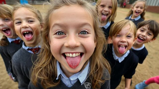 Playful School children: A group of smiling children with joyous laughter are sticking their tongues out in a delightful moment of uninhibited expression. This image captures their youthful innocence.