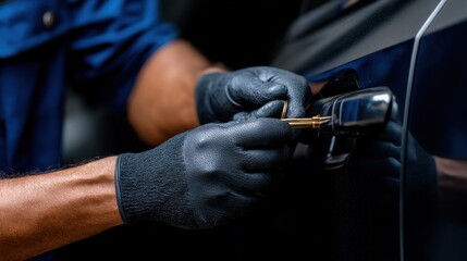 A man in black gloves is opening a car door with a key