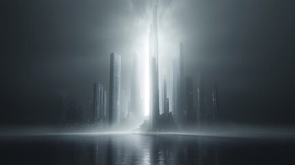 Futuristic cityscape with towering buildings shrouded in mist and reflecting on water
