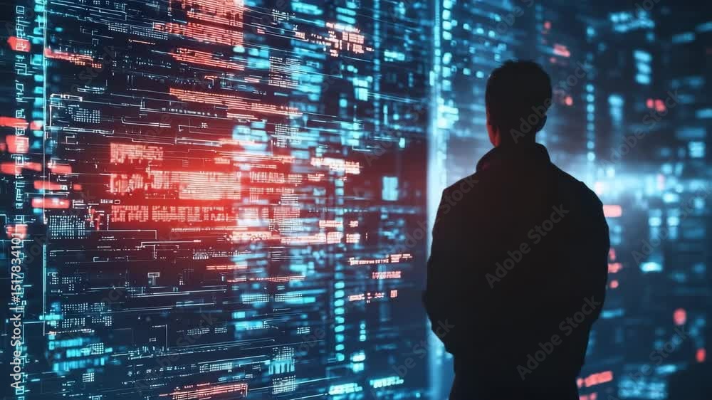 Poster A person stands in front of a large illuminated digital screen displaying complex data and glowing code.