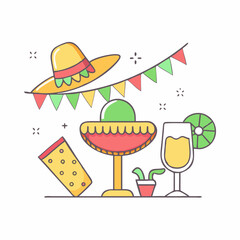 Festive Cinco de Mayo Party Vector Illustration with Sombrero and Refreshments
