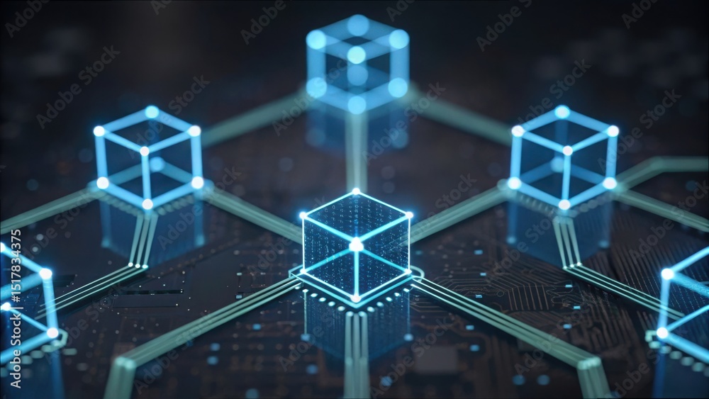 Poster 3D Network Nodes Over a Blockchain Concept with Floating Elements