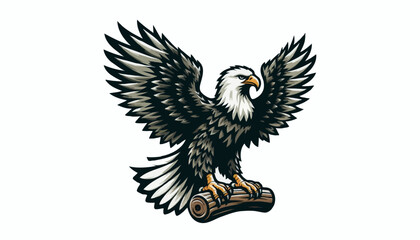 Fototapeta premium Majestic Eagle with Wings Spread: A strong, striking eagle with outstretched wings, perched on a log, embodies freedom and power, rendered in an illustrative style. 