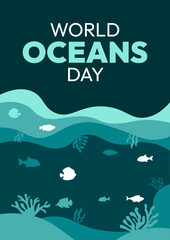 World Oceans Day. The poster is blue and features a variety of fish and other sea creatures