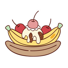 Cartoon banana split with ice cream and cherries on a black background