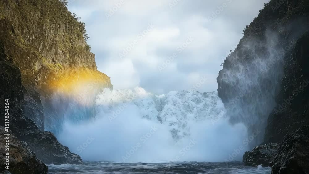 Poster a powerful waterfall cascades between rocky cliffs, mist rising with a faint rainbow visible in the 