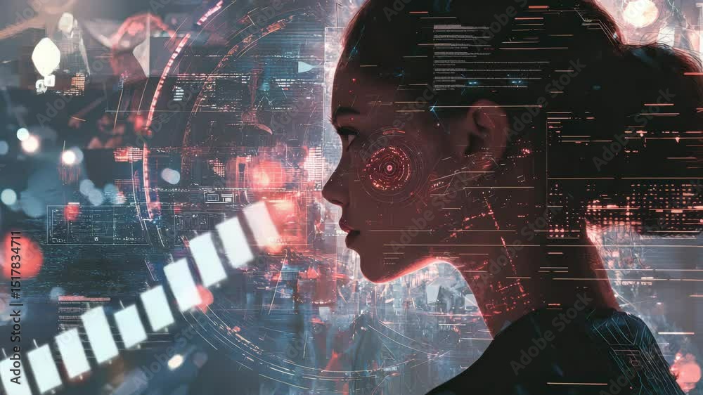 Poster a woman’s profile is merged with digital interface graphics, suggesting a futuristic or cybernetic t