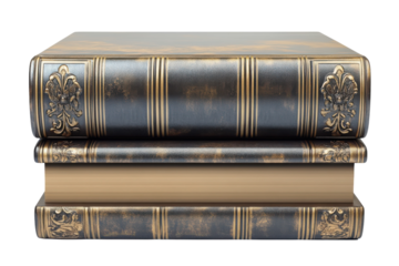 A stack of antique books with ornate golden details whispering tales of on transparent background