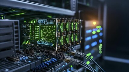 A high-tech computer server rack with glowing lights and connected cables in a data center environment. - Powered by Adobe