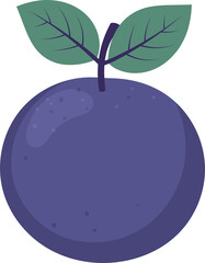 Illustration of a ripe, round plum with green leaves.