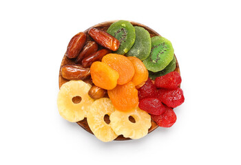 Wooden plate with different candied fruits on white background