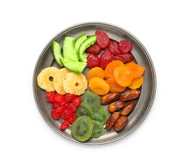 Plate with different candied fruits on white background