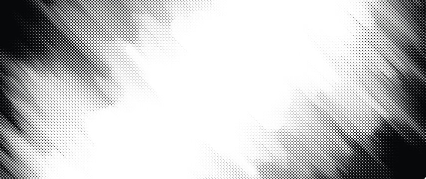 Halftone vector background glitch streaks dot dispersion. Black and white high-contrast composition with abstract fade and jagged black edges.
