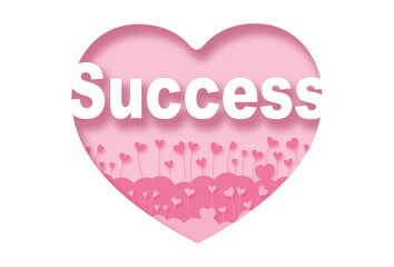success ,Paper cut pink heart and inscription text inside, pink background