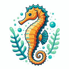 Fototapeta premium Cartoon vector illustration of a wild sea horse in the ocean water with sea animals
