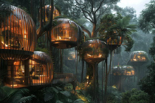 Futuristic treehouse village nestled in rainforest canopy, uniting eco-architecture with lush natural surroundings.