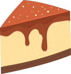 Cartoon slice of caramel cheesecake with topping and sprinkles.