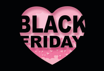 black friday,Paper cut pink heart and inscription text inside, pink background