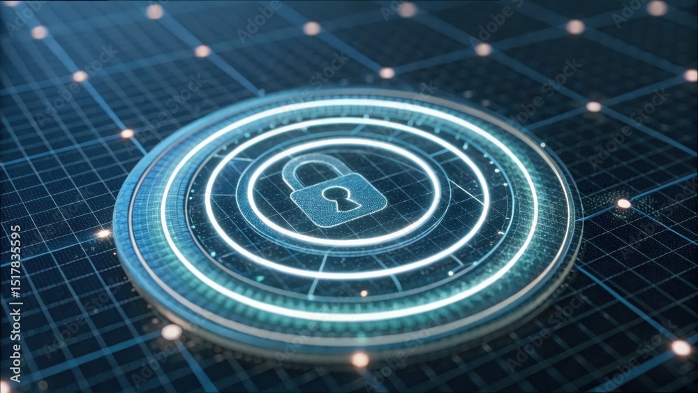 Poster concentric layers of digital security symbolized by glowing lock