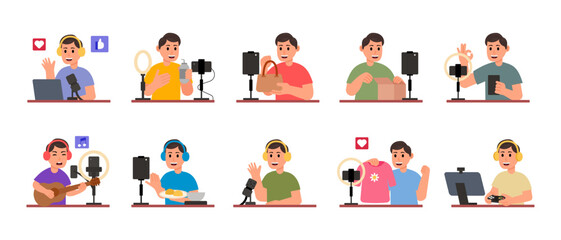 Vlogger man recording content, vector illustration