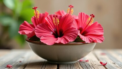 Dried hibiscus flowers arranged in a decorative bowl , stock photo, eco-friendly, craft