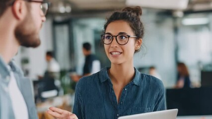 Dialogue of Professionals: Two business colleagues engage in an insightful conversation, their focused expressions reflecting mutual understanding, as they brainstorm innovative ideas.
