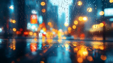 Cityscape through a rainy window, capturing a blurred abstract urban evening