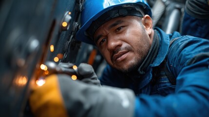 A man in a blue jacket and a blue hat is working on a piece of machinery
