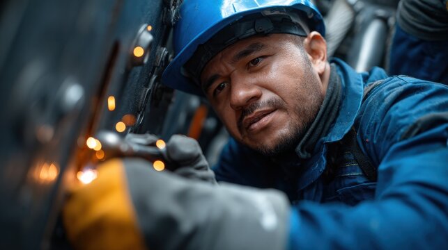 A man in a blue jacket and a blue hat is working on a piece of machinery