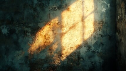 Obraz premium Illuminated aged wall revealing a golden sunlight shaft in a dilapidated room