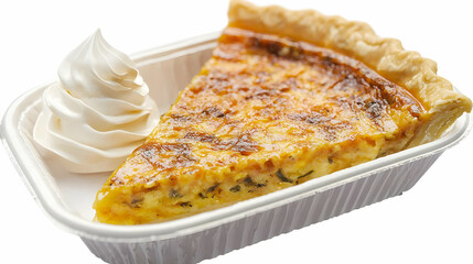 Golden Brown Quiche Slice with Whipped Cream in Tray