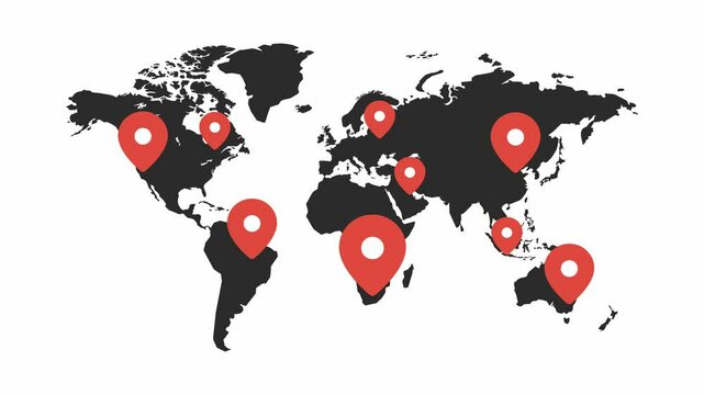 map of the world, pin location spreading business to the whole world animated footage looping