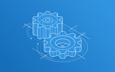 Invention renovation and development concept, gears and cogs with cad engineering drawing isometric 3D vector illustration, technology theme, machinery and engine creation.