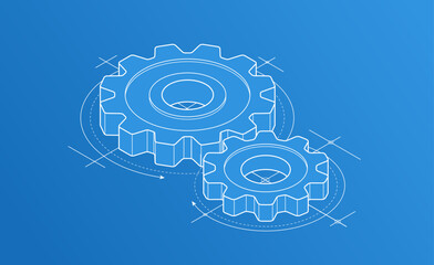 Invention renovation and development concept, gears and cogs with cad engineering drawing isometric 3D vector illustration, technology theme, machinery and engine creation.