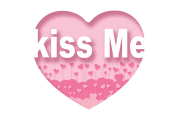 kiss me. Paper cut pink heart and inscription text inside, pink background