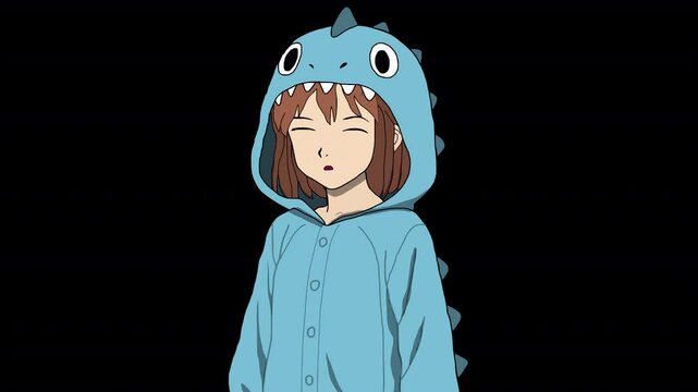 Speaking Character Anime Girl Use Dino Costume Animation Loop with Transparent Background