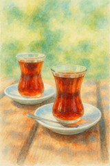 Two Glasses of Turkish Tea &ndash; AI Enhanced Watercolor Style