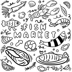 Seafood Doodle Set - Hand-Drawn Illustration Featuring Seafood  in doodle Art Style for Restaurants, Italian Cuisine, and Fish markets