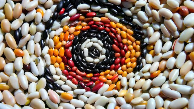 Colorful beans arranged in spiral pattern