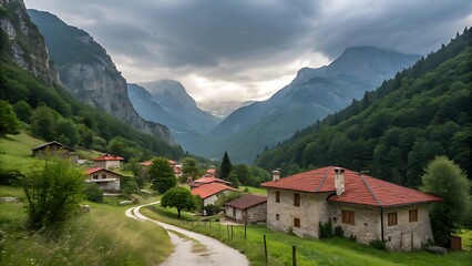 Obraz premium A secluded village in a mountain valley. 