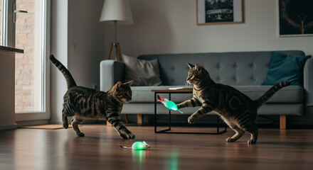 Playful Tabby Cats Engaging in Energetic Indoor Game